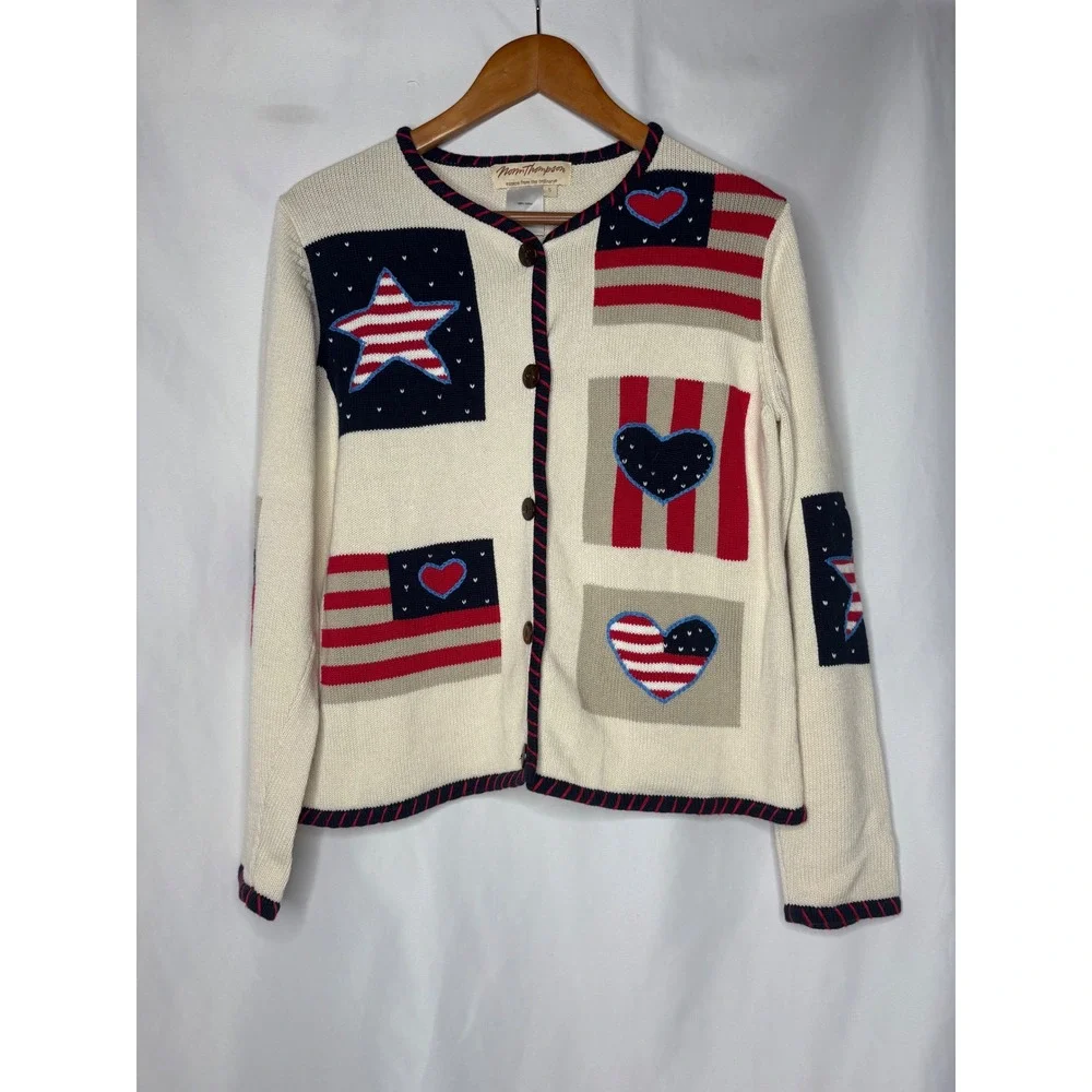 Vtg Norm Thompson Women S Americana Flag Heart Holiday Knit Cardigan Sweater